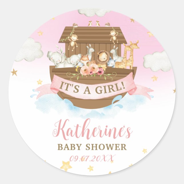 Noah's Ark Pink Animals Girl Baby Shower Favour  Classic Round Sticker (Front)