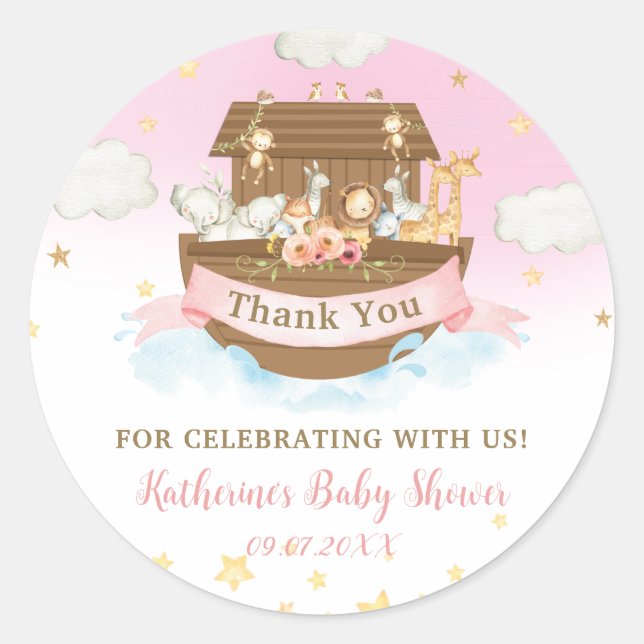 Noah's Ark Pink Animals Girl Baby Shower Thank You Classic Round Sticker (Front)