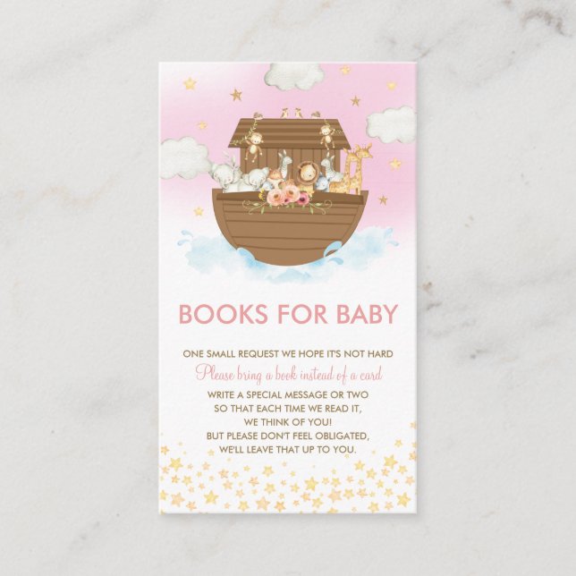 Noah's Ark Pink Baby Shower Books for Baby Enclosure Card (Front)