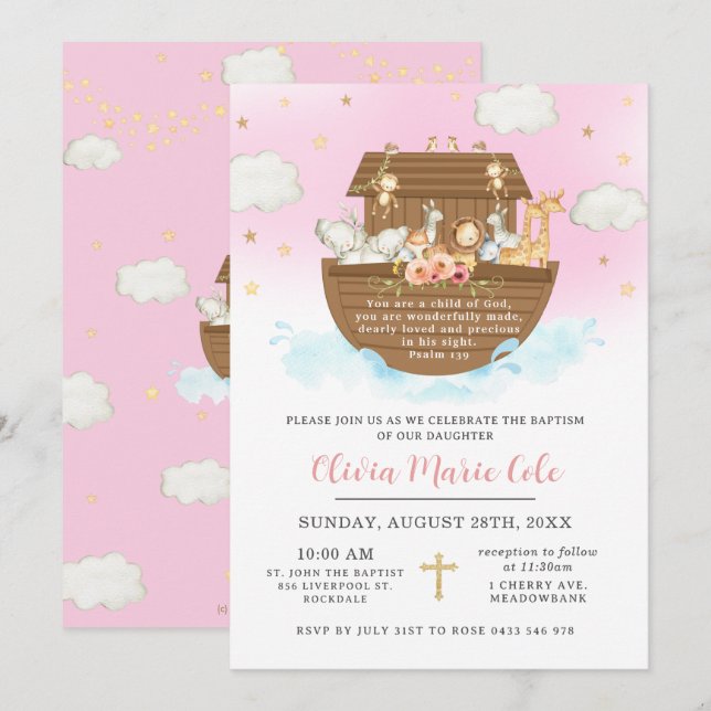 Noah's Ark Pink Baptism Christening Dedication Invitation (Front/Back)
