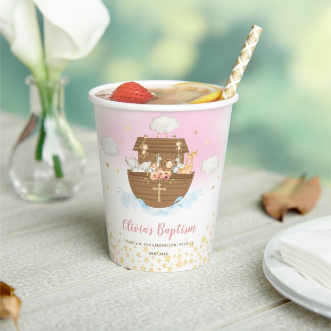 Noah's Ark Pink Cute Animals Baptism Christening Paper Cups (Insitu)