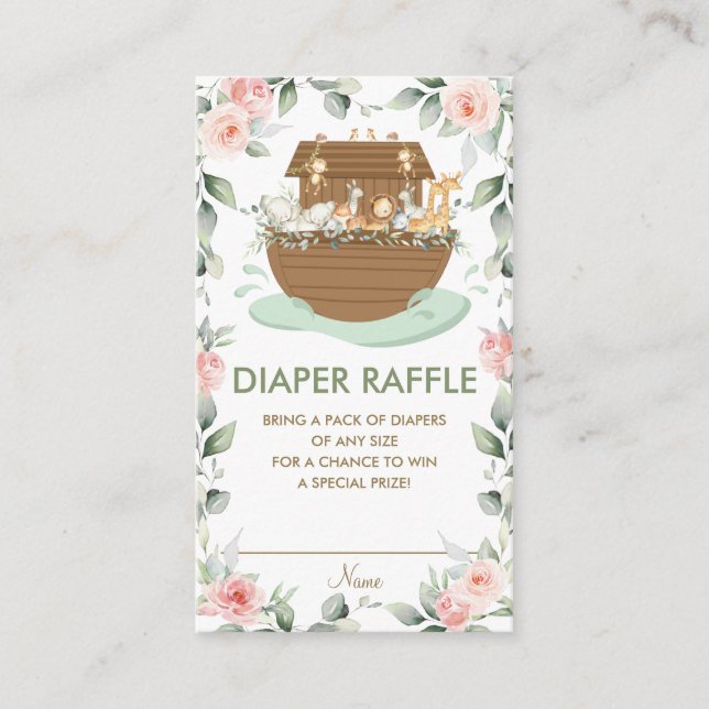 Noah's Ark Pink Floral Baby Shower Diaper Raffle Enclosure Card (Front)