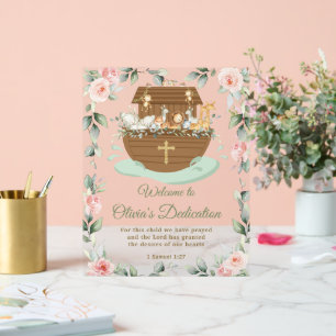 Noah's Ark Pink Floral Dedications Christening Acrylic Sign