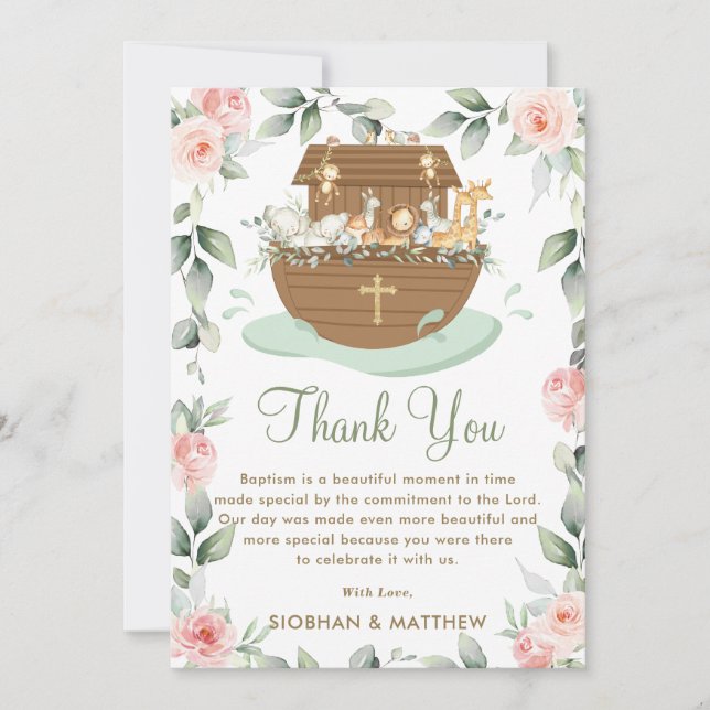 Noah's Ark Pink Floral Girl Baptism Christening Thank You Card (Front)