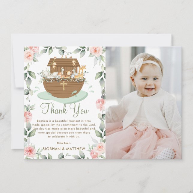 Noah's Ark Pink Floral Girl Baptism Christening Thank You Card (Front)