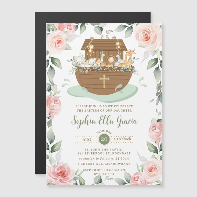 Noah's Ark Pink Floral Girl Baptism Invitation (Front/Back)