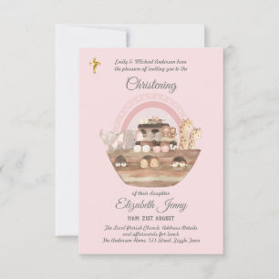 Noah's Ark Pink Girls Christening Invite Baptism 