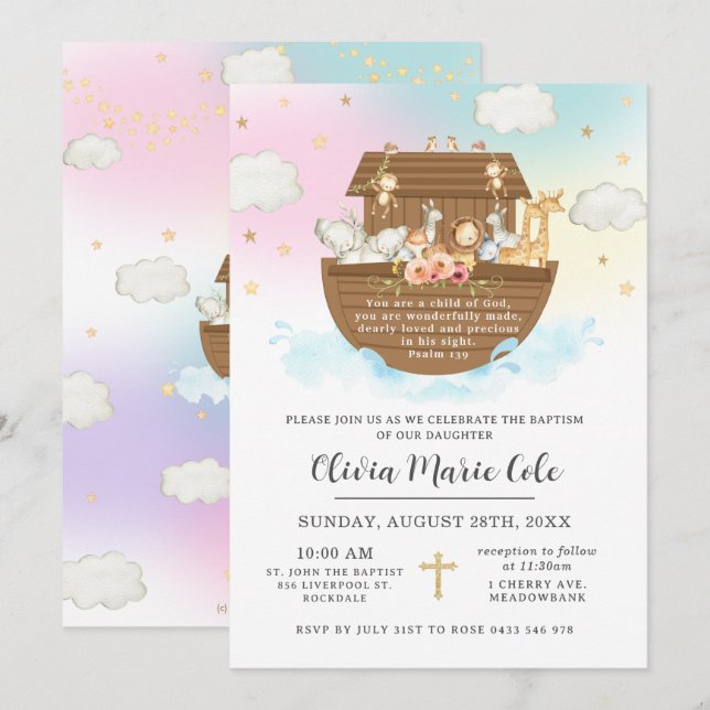 Noah's Ark Rainbow Baptism Christening Dedication Invitation (Front/Back)