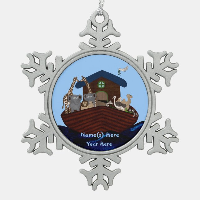 Noah's Ark Snowflake Pewter Christmas Ornament (Front)