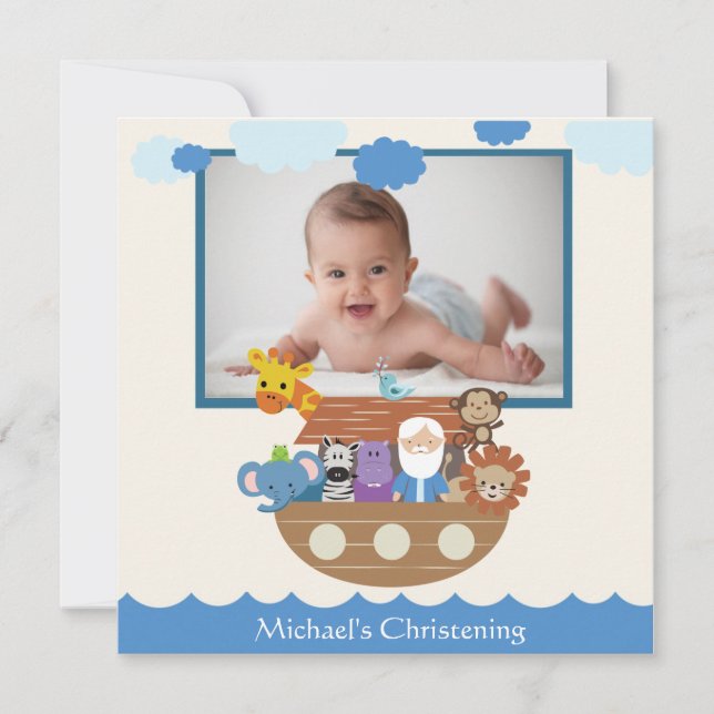 Noah's Ark Square Christening Invitations (Front)