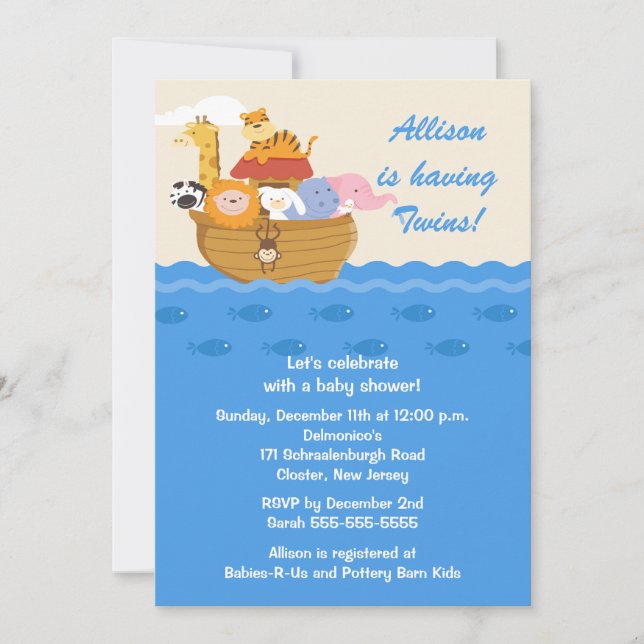 Noah's Ark Twins Baby Shower Invitation (Front)