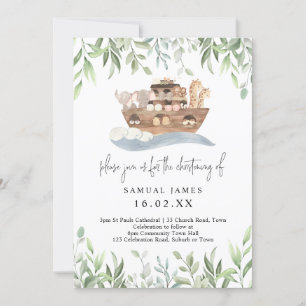 Noah's Ark Watercolor Animals Greenery Christening Invitation