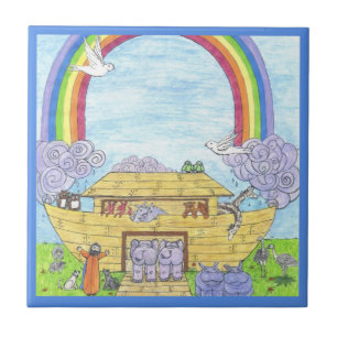 Noah's Ark  Watercolor Rainbow Animal Elephant Tile