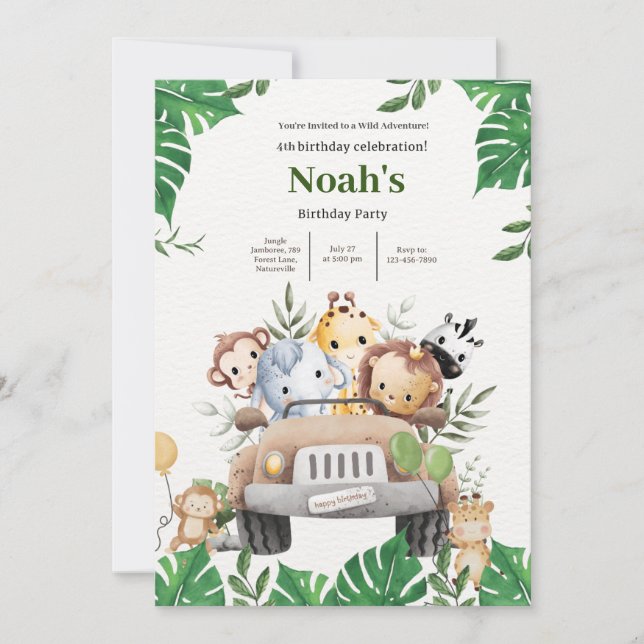 Noah's Wild Animal Adventure Birthday Bash Invitation (Front)