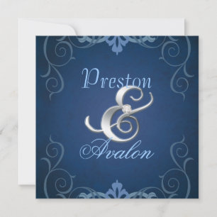 Nobel Blue Texture Silver Scroll Invitation