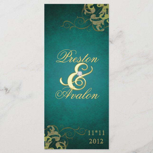 Nobel Teal Scroll Gold  Wedding Program Programme (Front)