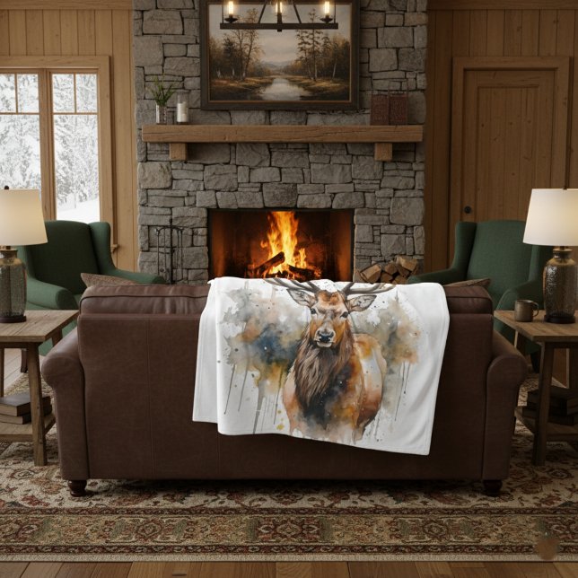 Noble Antlers: Woodland Elk Watercolor Art Fleece Blanket (Creator Uploaded)
