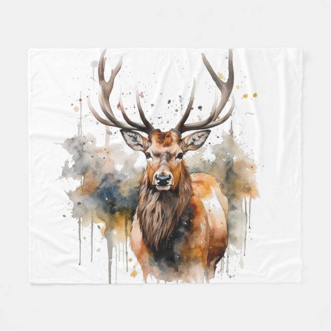 Noble Antlers: Woodland Elk Watercolor Art Fleece Blanket (Front (Horizontal))