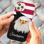 Noble Bald Eagle Patriotic USA Flag Stripes   Name iPhone 14 Case<br><div class="desc">The fierce eyes of the noble Bald Eagle guard your iPhone from the knocks and bumps of living life to the fullest. This awesome patriotic phone case is decorated with red and white stripes of the United States flag,  and personalised with the name of your freedom loving American.</div>