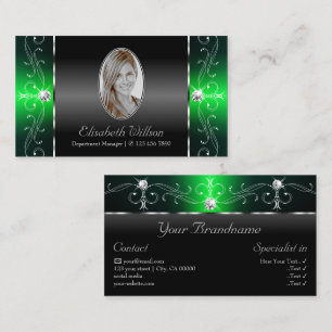 Noble Black and Green Squiggled Jewels with Photo Business Card