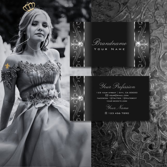 Noble Black and Silver Squiggled Jewels Ornamental Business Card (Creator Uploaded)
