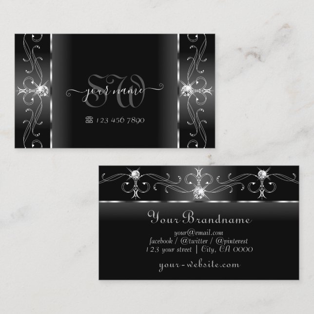 Noble Black and White Squiggled Jewels Monogram Business Card (Front/Back)