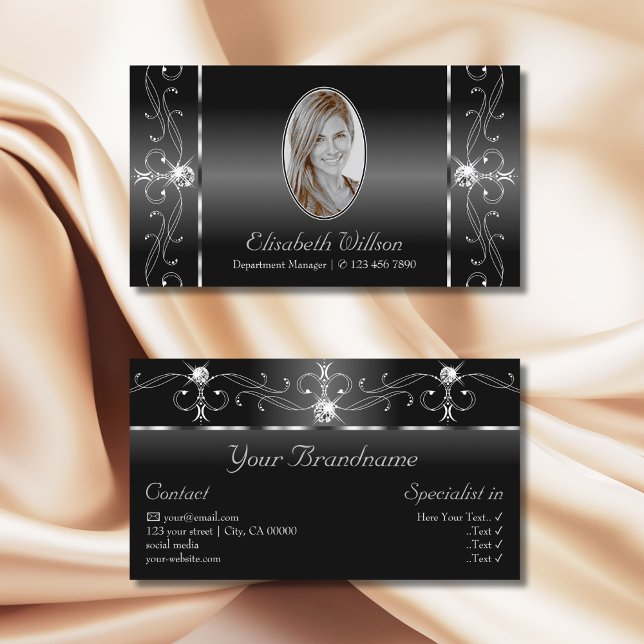 Noble Black and White Squiggled Jewels with Photo Business Card (Creator Uploaded)