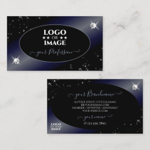Noble Black Blue Glitter Stars Diamonds with Logo Business Card