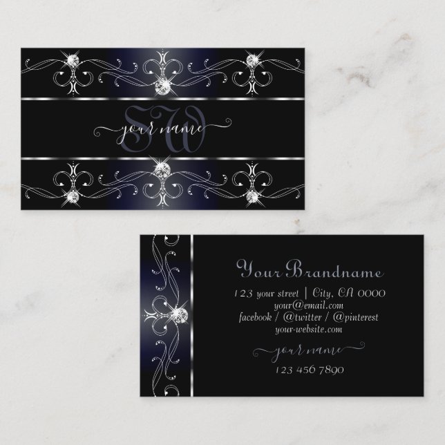 Noble Black Blue Ornate Borders Diamonds Monogram Business Card (Front/Back)