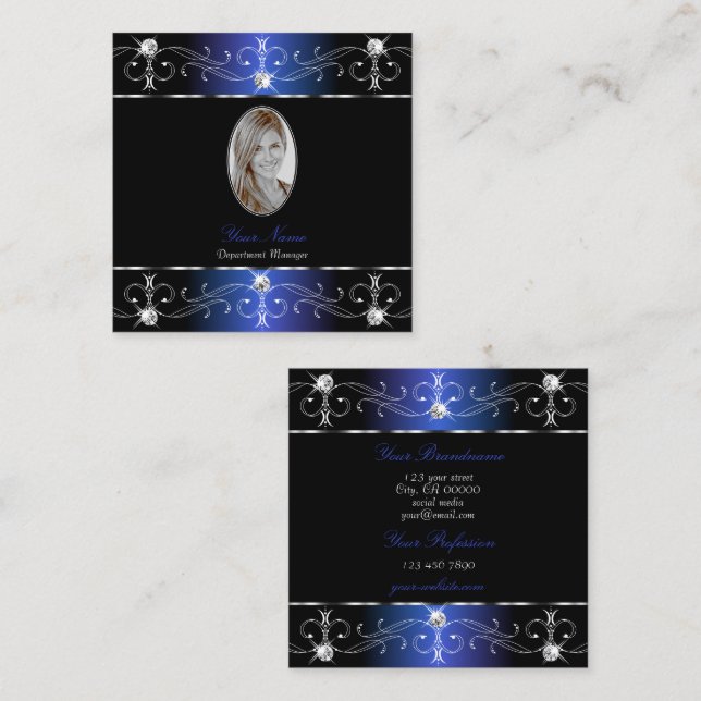 Noble Black Blue Purple Ornate Ornaments Add Photo Square Business Card (Front/Back)