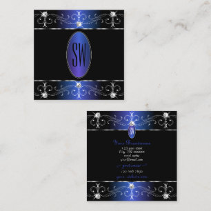Noble Black Blue Purple Ornate Ornaments Initials Square Business Card