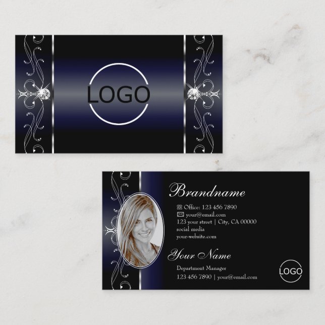 Noble Black Blue White Squiggled Jewels Logo Photo Business Card (Front/Back)