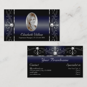 Noble Black Blue White Squiggled Jewels with Photo Business Card
