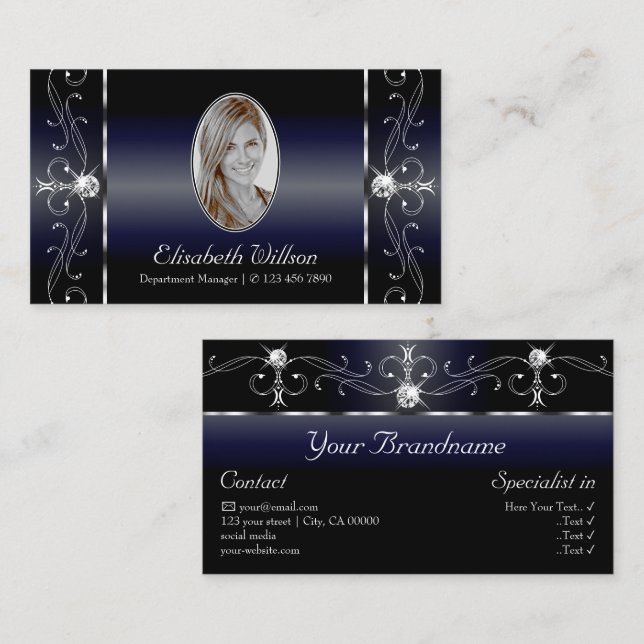 Noble Black Blue White Squiggled Jewels with Photo Business Card (Front/Back)