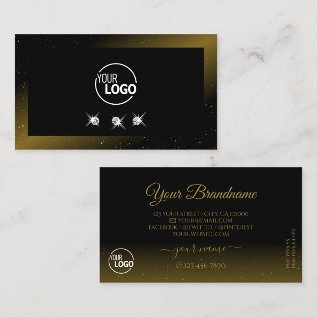 Noble Black Dark Gold Sparkling Diamonds with Logo Business Card (Front/Back)