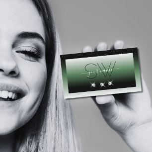 Noble Black Green Ombre Sparkle Diamonds Initials Business Card