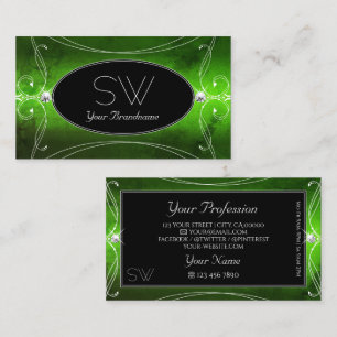 Noble Black Green Ornate Sparkle Diamonds Initials Business Card