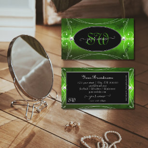 Noble Black Green Ornate Sparkle Diamonds Monogram Business Card