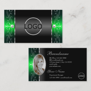 Noble Black Green Squiggled Jewels Logo and Photo Business Card
