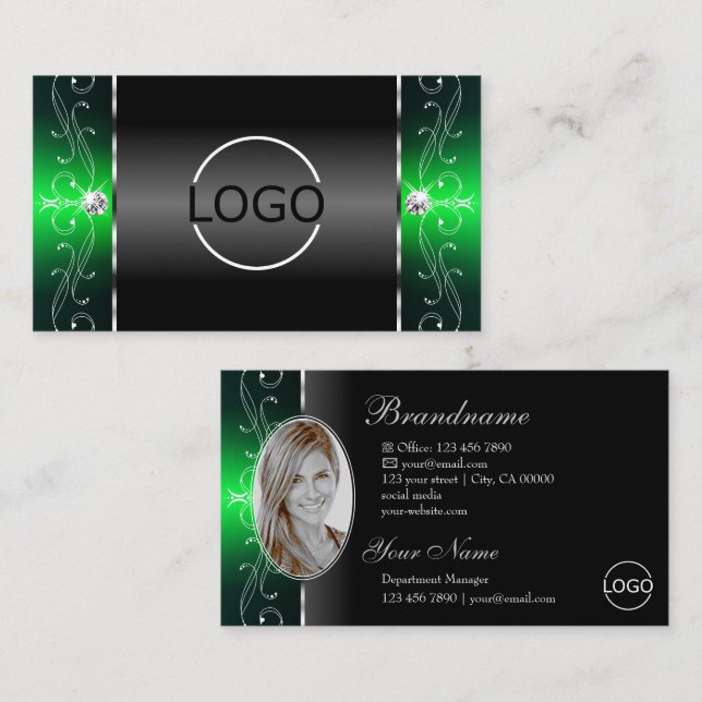 Noble Black Green Squiggled Jewels Logo and Photo Business Card (Front/Back)