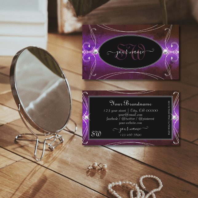 Noble Black Purple Ornate Sparkle Jewels Monogram Business Card (Creator Uploaded)