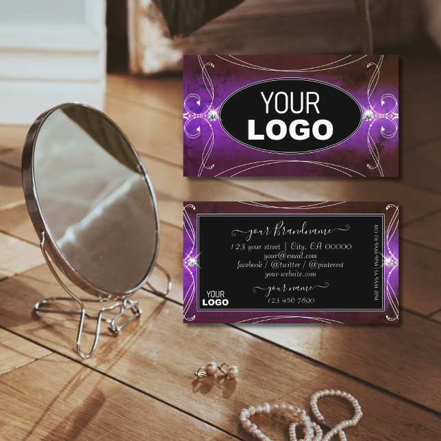 Noble Black Purple Ornate Sparkle Jewels with Logo Business Card (Creator Uploaded)