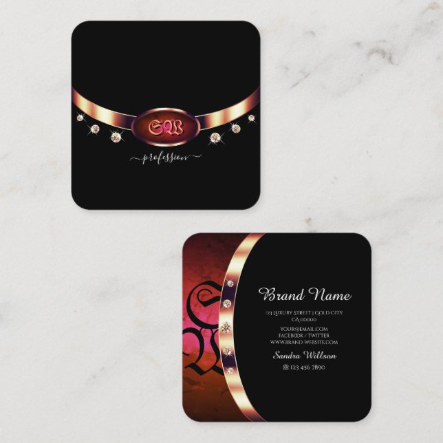Noble Black Rose Gold and Red Marble with Monogram Square Business Card (Front/Back)