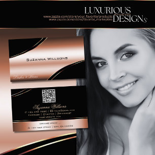 Noble Black Rose Gold Curved Decor Lines QR Code Business Card