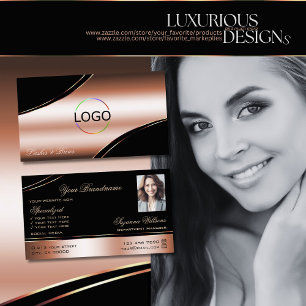 Noble Black Rose Gold Curved Lines Logo and Photo Business Card