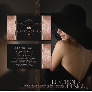 Noble Black Rose Gold Glitter Ornamental Monogram Business Card