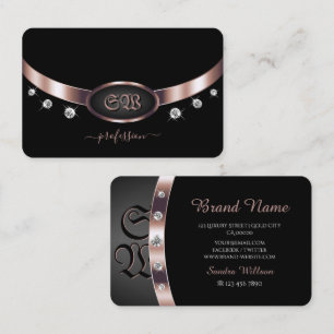 Noble Black Rose Gold Shiny Diamonds with Initials Business Card