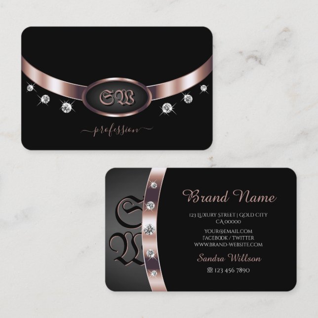 Noble Black Rose Gold Shiny Diamonds with Initials Business Card (Front/Back)