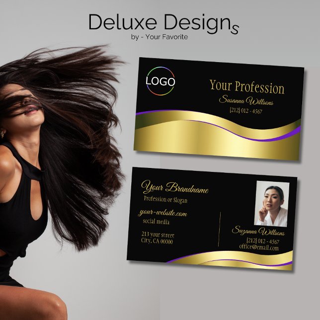 Noble Black Wavy Gold Decor with Logo and Photo Business Card (Creator Uploaded)