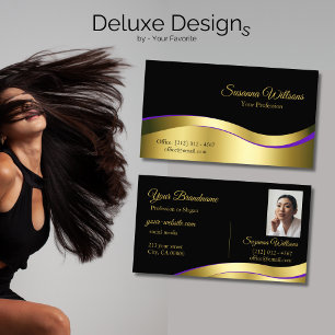 Noble Black Wavy Gold Decor with Photo Classy Business Card
